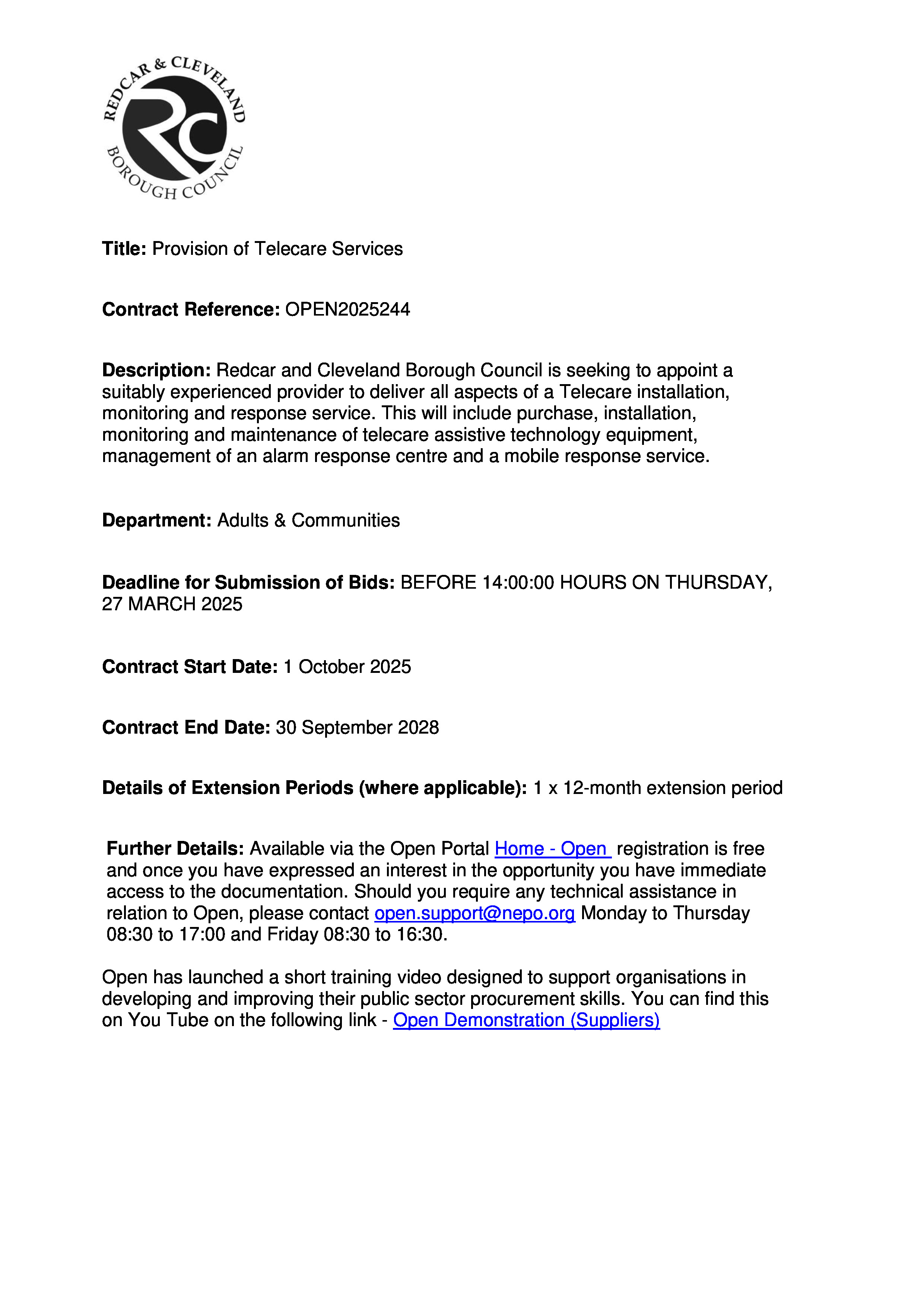 Provision of Telecare Services tender opportunity